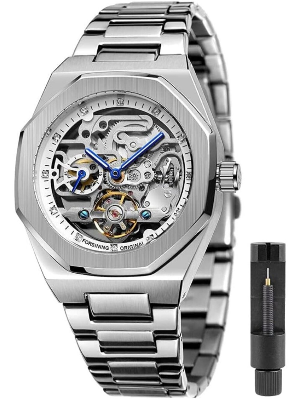 Men's Silver White Mechanical Automatic Male Clock Stainless Steel Wrist Watch